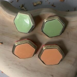 Hexagon clip-on  Earrings in Green and Pink